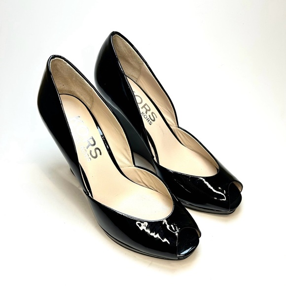 Michael Kors Black Patent Leather Wedge Peep Toe | 7.5 - Picture 2 of 8